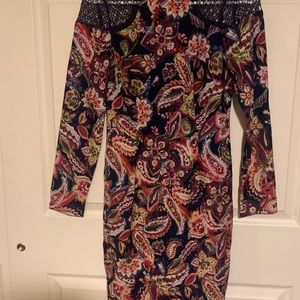 Nicole Miller multicolor paisley scuba dress with sleeves, netted top, NWOT